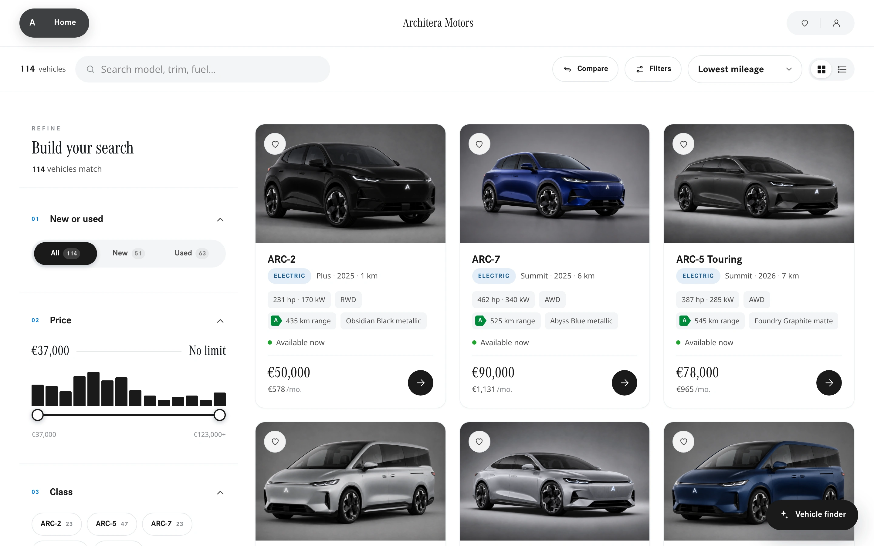 The Architera Motors storefront with current stock ready to browse