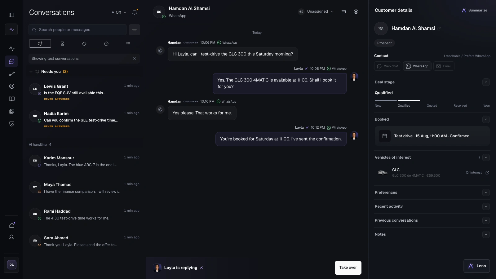 A dealership operator watching Layla handle Hamdan's WhatsApp conversation, with customer details, booking context, and the Take over control visible