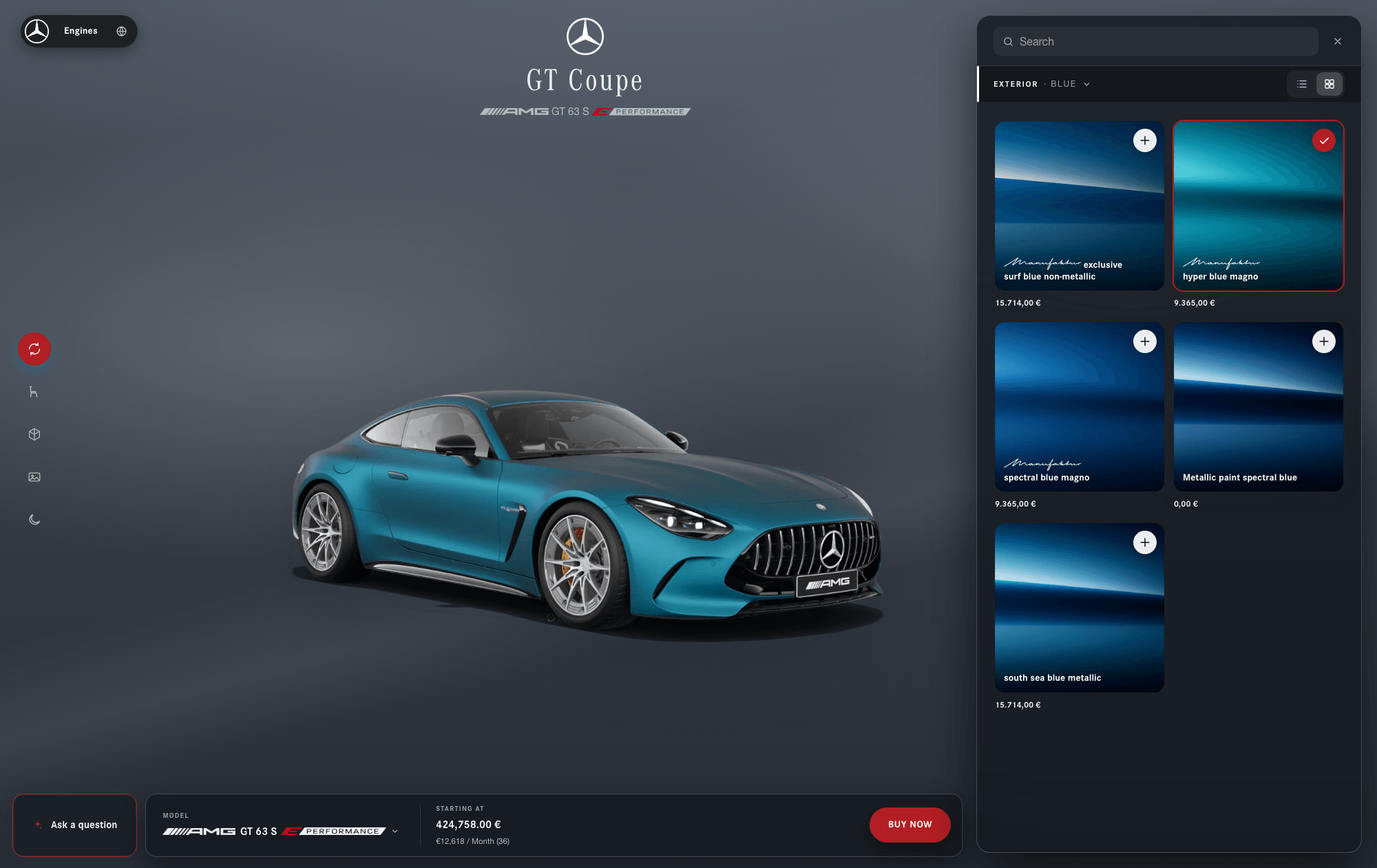 A customer configuring a blue Mercedes-AMG GT with the available paint options in view