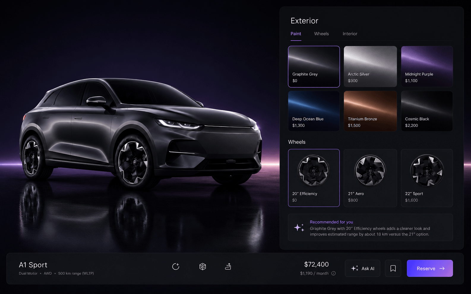 The Forge configurator with paint and wheel choices